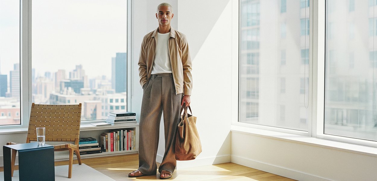 Uomo con giacca beige e pantaloni larghi che tiene una grande borsa beige, in piedi in una luminosa stanza moderna con lo skyline della città visibile attraverso le finestre.