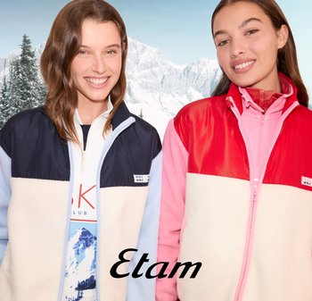 Dwie kobiety w kurtkach zapinanych na zamek. Jedna ma polar w kolorach granatowym i kremowym; druga nosi tkaninę w odcieniach czerwieni i różu. W tle zaśnieżone góry.