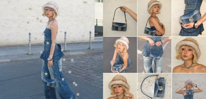 Frau mit Denim-Outfit und beigefarbener Fellmütze hält eine blaue Lederhandtasche mit goldenen Details in verschiedenen Posen und Nahaufnahmen.