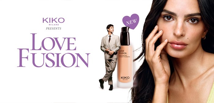 Femme à la peau nette touchant son visage, homme en costume beige à côté d'une bouteille de fond de teint KIKO Love Fusion étiquetée "fond de teint radiant hydratation 24h".
