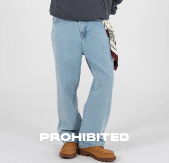 Light blue straight-leg denim jeans with a relaxed fit, featuring visible stitching, a waistband with a button closure, and a patterned bandana accent.
