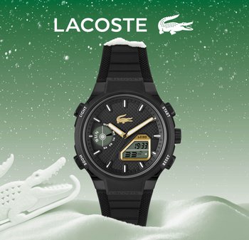 Reloj digital Lacoste con correa de caucho negra y esfera negra texturizada. Cuenta con detalles blancos, manecillas doradas y pantalla digital.