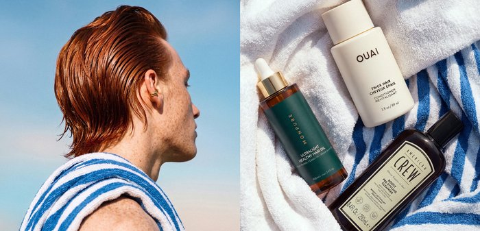 Personne aux cheveux roux avec une serviette autour des épaules regarde sur le côté, à côté de trois bouteilles de soins capillaires posées sur des serviettes blanches et bleues à rayures.