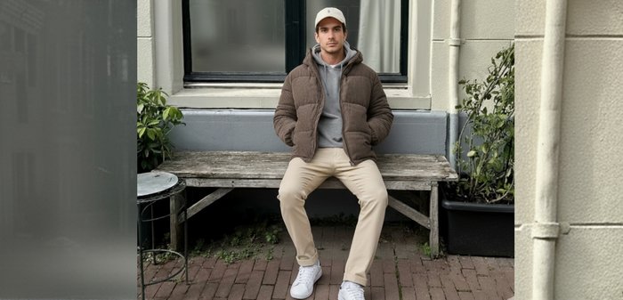 Bruine donzen jas met capuchon over een grijze trui, gecombineerd met beige broek en witte sneakers, zittend op een houten bank.