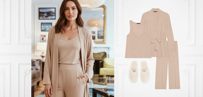 Ensemble de vêtements d'intérieur beige comprenant un haut sans manches et un pantalon assorti, complété par un long gilet ouvert sur le devant. Texture douce, design minimaliste.