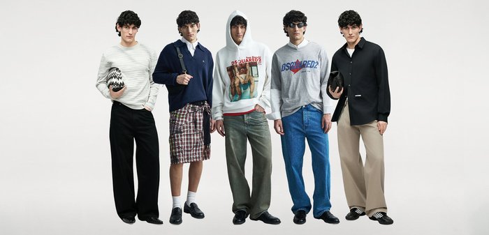 Pet muških modela nosi različite odjevne kombinacije: casual džempere, tartan suknje, hoodice, široke traperice i krojene hlače. Materijali pokazuju teksture i uzorke.