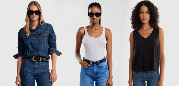 Jeansjack met knoopsluiting, zwarte zonnebril, grijze tanktop en zwarte tanktop. Allen dragen blauwe spijkerbroeken, die verschillende texturen laten zien.