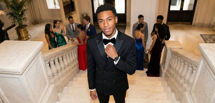 Jeune homme en smoking noir ajustant son nœud papillon sur un escalier en marbre, avec des groupes en robes et costumes formels socialisant en arrière-plan.