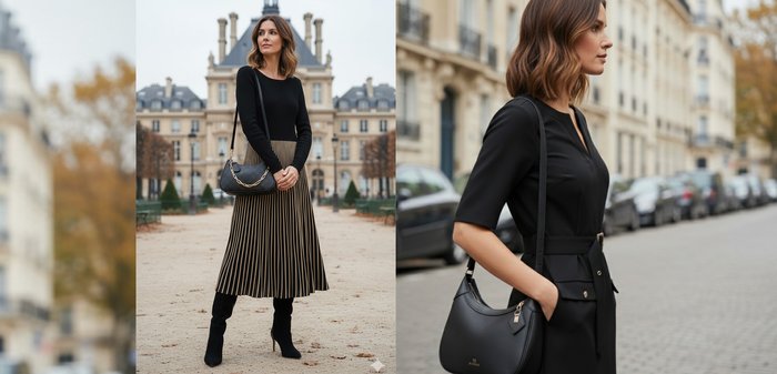 Pull noir ajusté, jupe plissée rayée noir et or, bottes noires à talons montant jusqu'aux genoux, sac à main noir avec détail chaîne dorée. En extérieur.