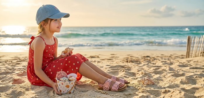 Ein junges Mädchen in einem roten Kleid und blauer Mütze kniet am Sandstrand, untersucht eine Muschel, neben ihr liegen Sandalen und im Hintergrund sieht man Meereswellen.