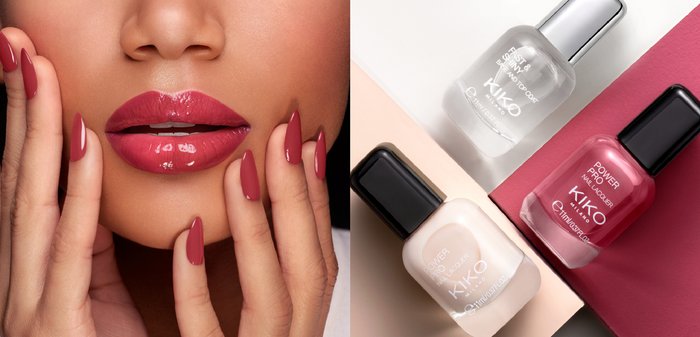 KIKO nail polish bottles in clear, nude, and pink shades. Glossy deep pink nails and lips in close-up, showcasing sleek design and shine.