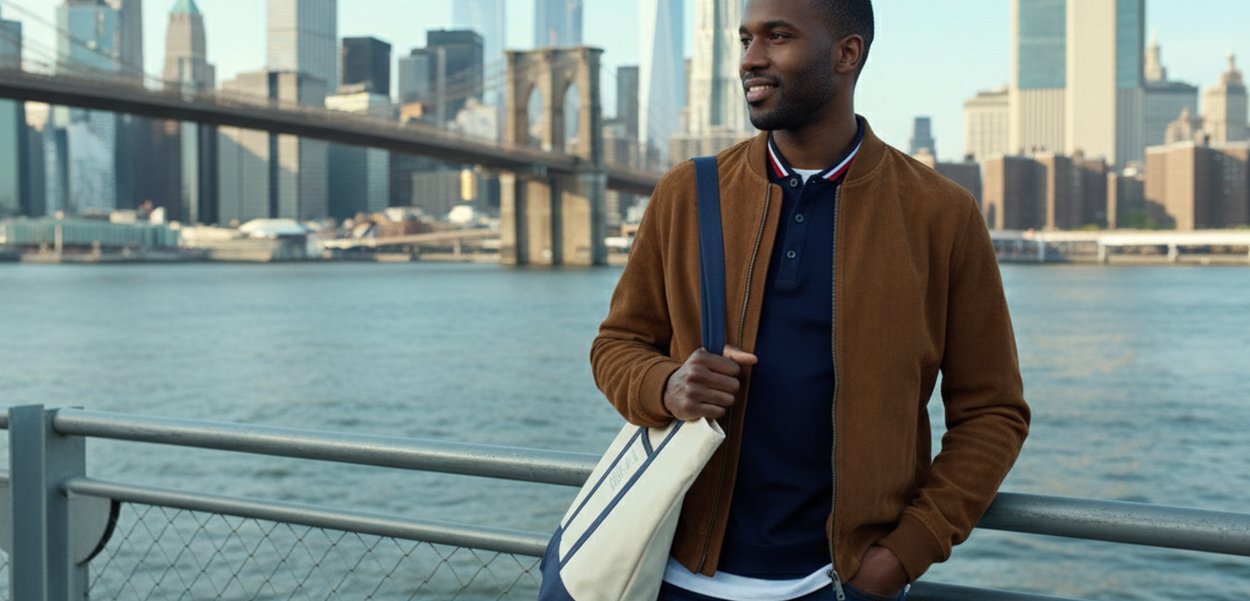 Hombre con chaqueta marrón y camisa azul marino de pie junto a la barandilla junto al agua con una bolsa de tela, con el skyline de la ciudad y un puente de fondo en un día despejado.
