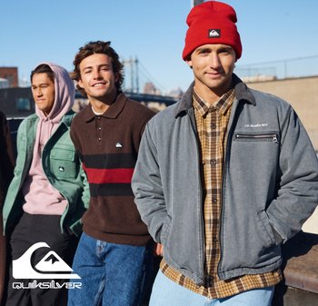 Vestes Quiksilver de différentes couleurs : zip gris avec poche latérale, veste en denim verte, polo rayé marron et chemise à boutons à motifs.