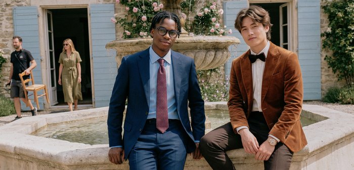 Δύο νεαροί άνδρες με κοστούμια κάθονται στην άκρη μιας πέτρινης βρύσης με ανθισμένα λουλούδια πίσω τους, ένας άνδρας που κουβαλάει μια καρέκλα και μια γυναίκα που περπατάει κοντά.