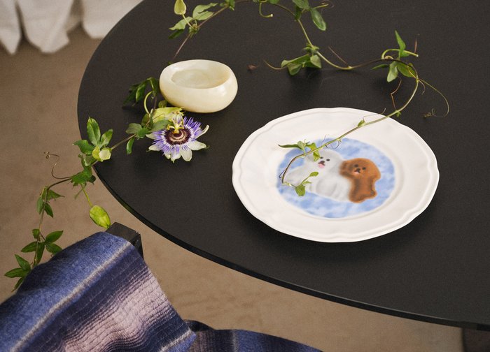 Zwarte tafel met een wit bord met daarop twee cartoonzeehonden, een lichtgekleurde kom, paars bloemen en een groene klimop. Textuur van een blauwe en paarse deken in de buurt.