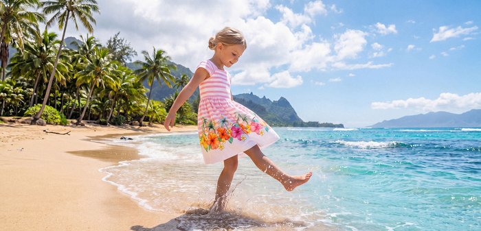 Jeune fille en robe fleurie éclabousse de l'eau avec son pied sur une plage tropicale ensoleillée avec des palmiers et des montagnes en arrière-plan.