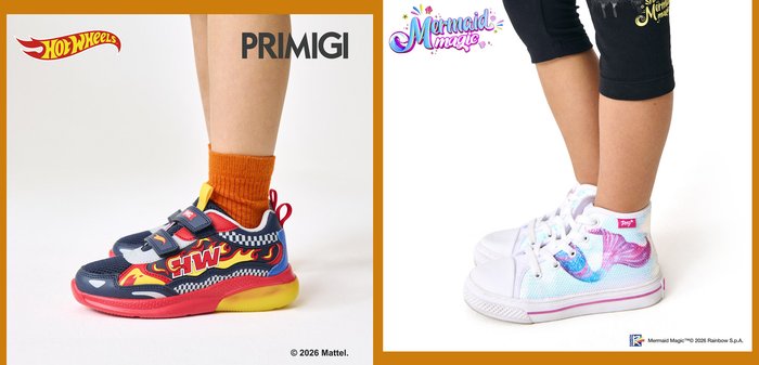 Children's Hot Wheels sneakers with flame and checkered patterns, and white Mermaid Magic high-top sneakers with colorful mermaid tail design.