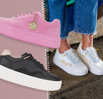 Tre scarpe da ginnastica: una scarpa di suede rosa con suola spessa, una scarpa nera con texture e suola bianca, e una scarpa bianca con dettagli gialli.