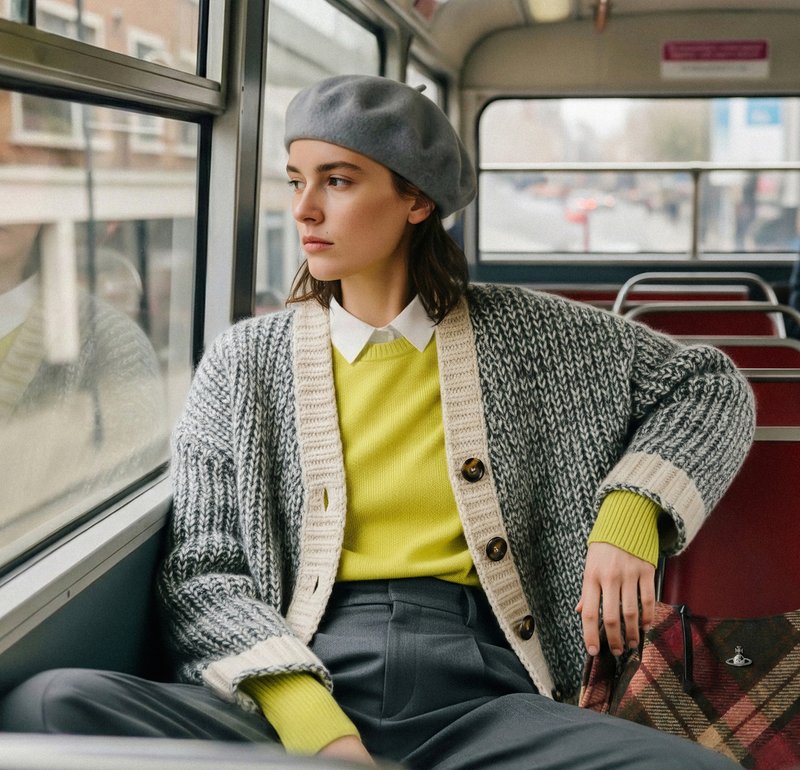 Graue Strickjacke mit cremefarbenen Knöpfen, darüber ein leuchtend gelber Pullover und ein weißes Hemd mit Kragen; graue Baskenmütze; in einem Bus.