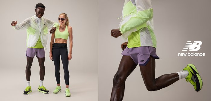 Des athlètes portant des vêtements de sport : une veste légère translucide verte avec des poches ; un soutien-gorge de sport vert ; un short violet ; des leggings noirs ; et des chaussures vertes.