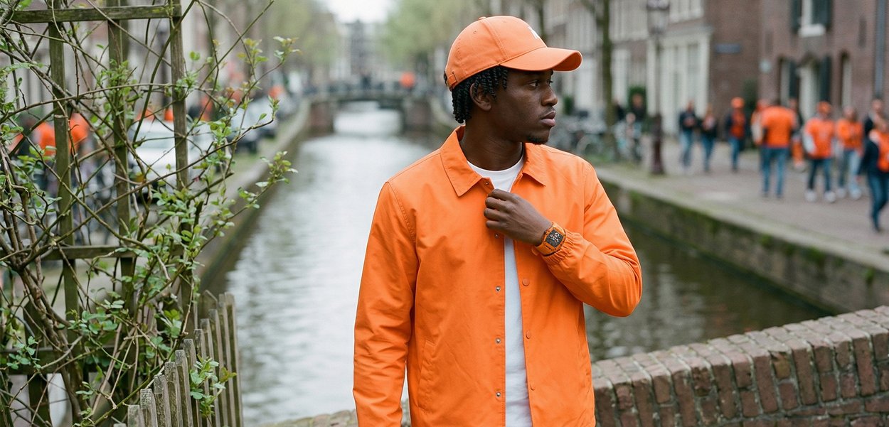Jonge man in een oranje jas en pet staand bij de leuning van het kanaal met een vage stadsstraat en voetgangers op de achtergrond.