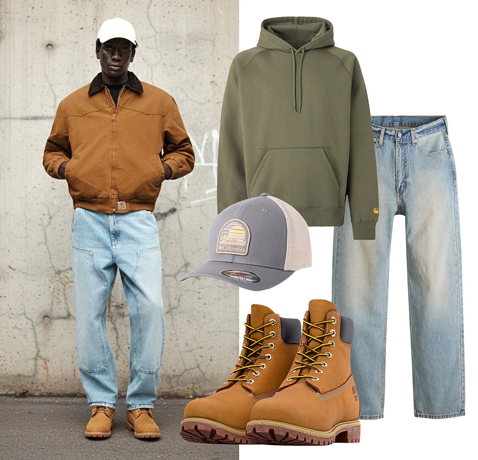 Man wearing brown jacket, light blue jeans, tan boots and white cap; separate images include olive hoodie, cap, jeans and tan boots.