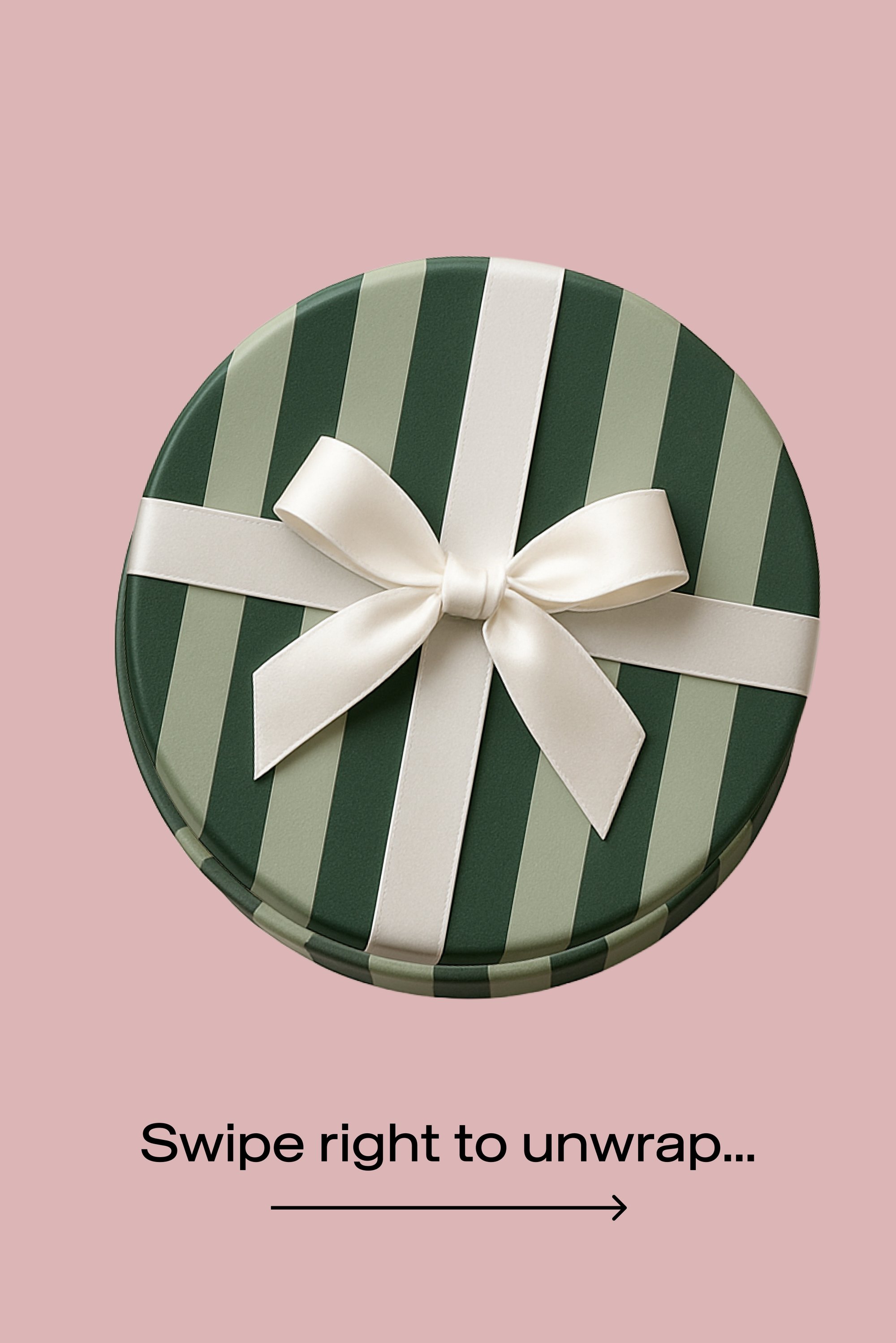 Round gift box with alternating green and light green stripes, topped with a white ribbon bow. Set against a pink background.