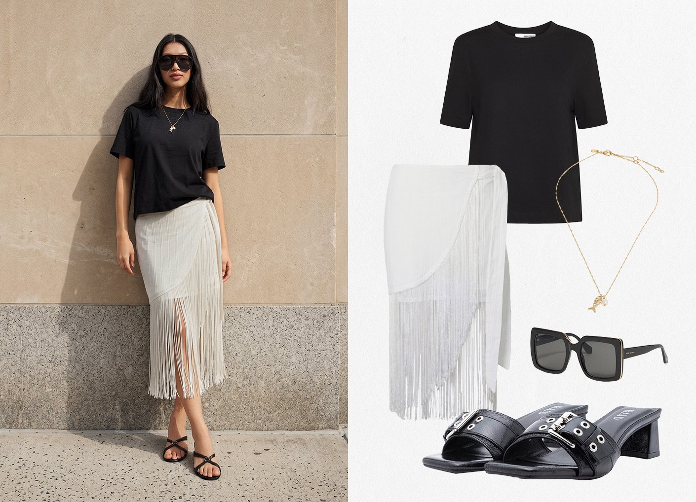 Femme portant un T-shirt noir, une jupe blanche à franges, des sandales noires, des lunettes de soleil noires et un collier doré, debout à l’extérieur ; les pièces de la tenue sont montrées à côté d’elle.