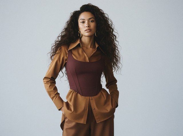 Brun långärmad skjorta med en vinröd figursydd överdel. Outfiten har en mjuk textur, med stora knappar och strukturerad skräddarsydd design.