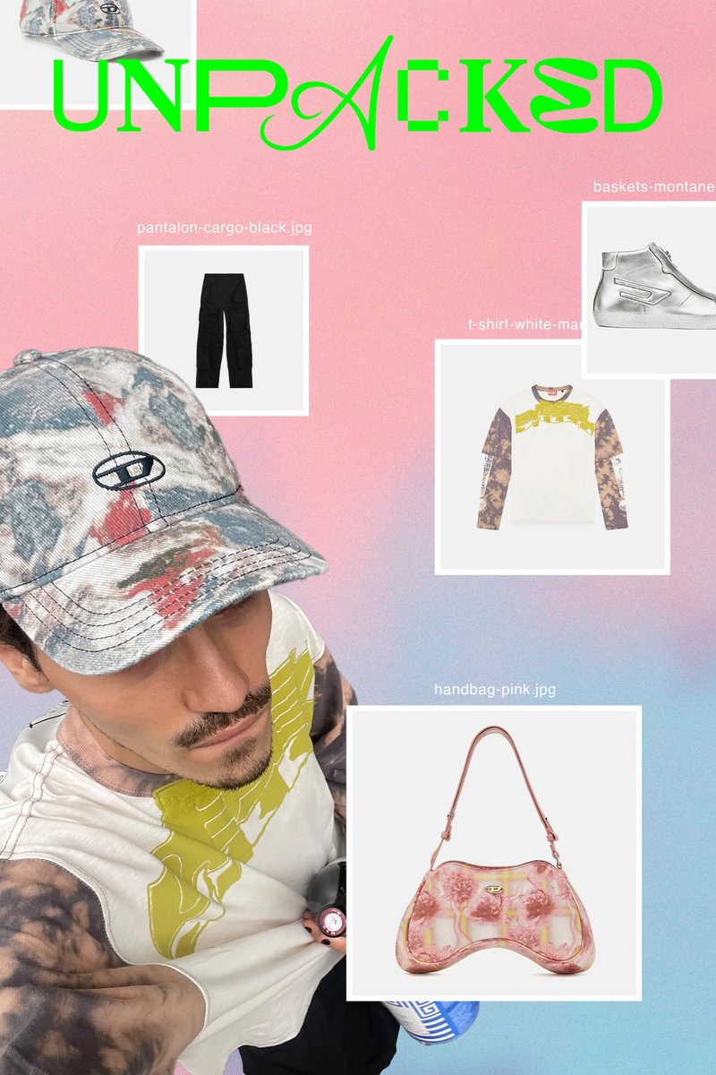A person wearing a patterned cap and shirt holds a drink, surrounded by clothing and accessories displayed against a pastel background.