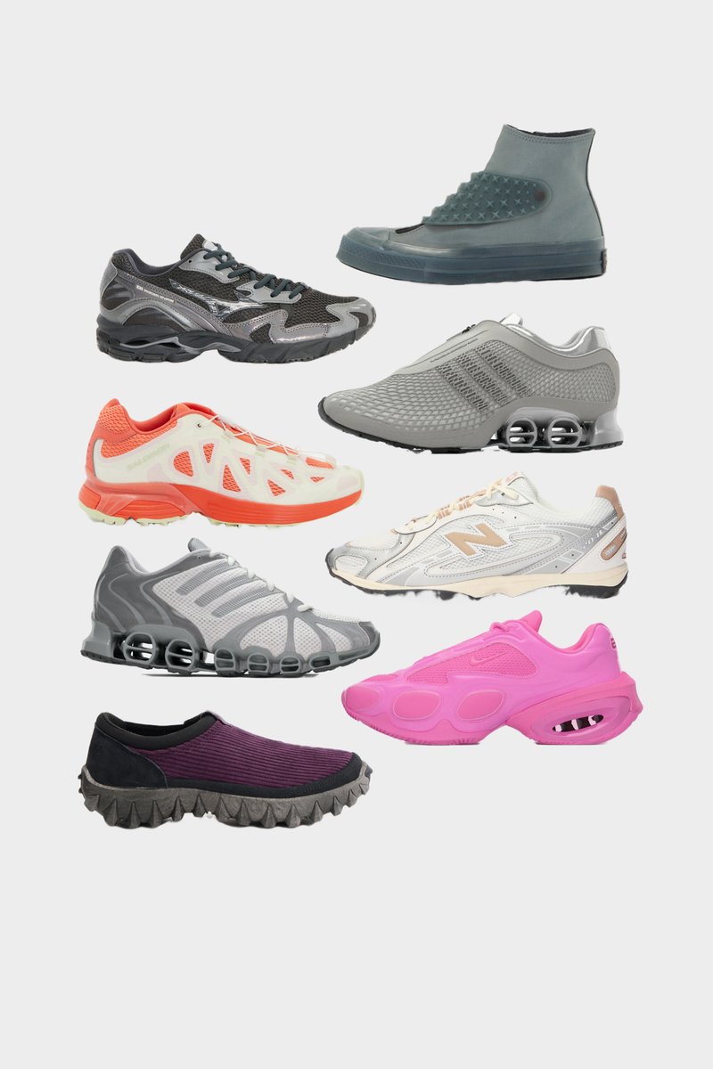 Kollektion av åtta sneakers med olika material och designer: nät, gummi och textil i färger som svart, grå, rosa och orange.