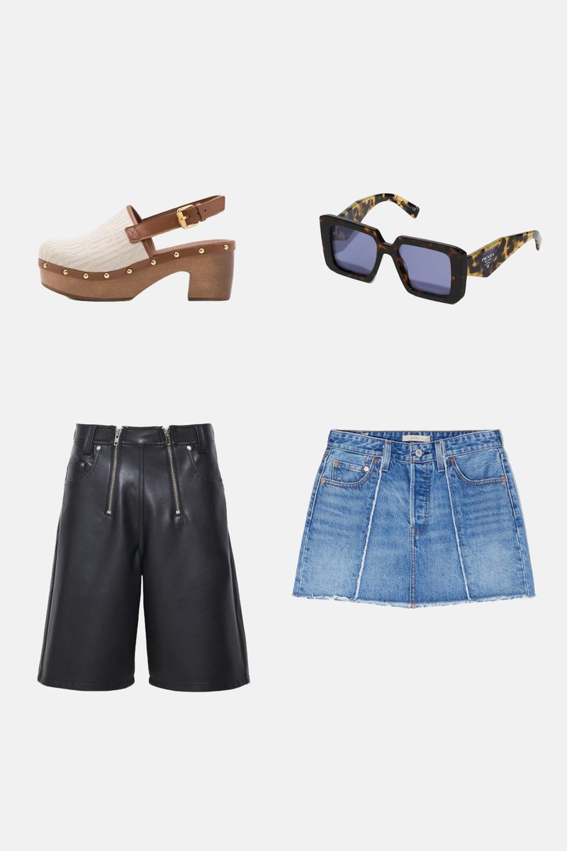 Clogs, a black bag, a cropped denim jacket, a denim skirt, sunglasses, and black leather shorts arranged on a white background.