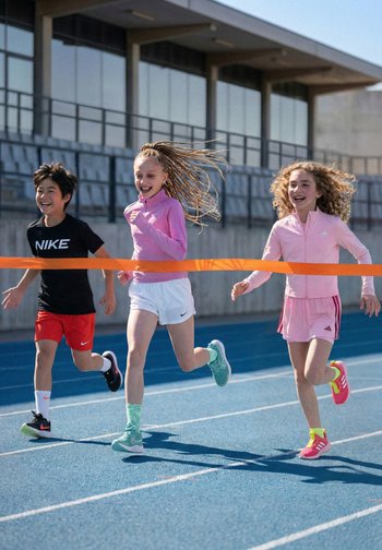 Three children running a race on a blue track, the girl in pink breaking the orange finish line tape, all smiling and in athletic wear.