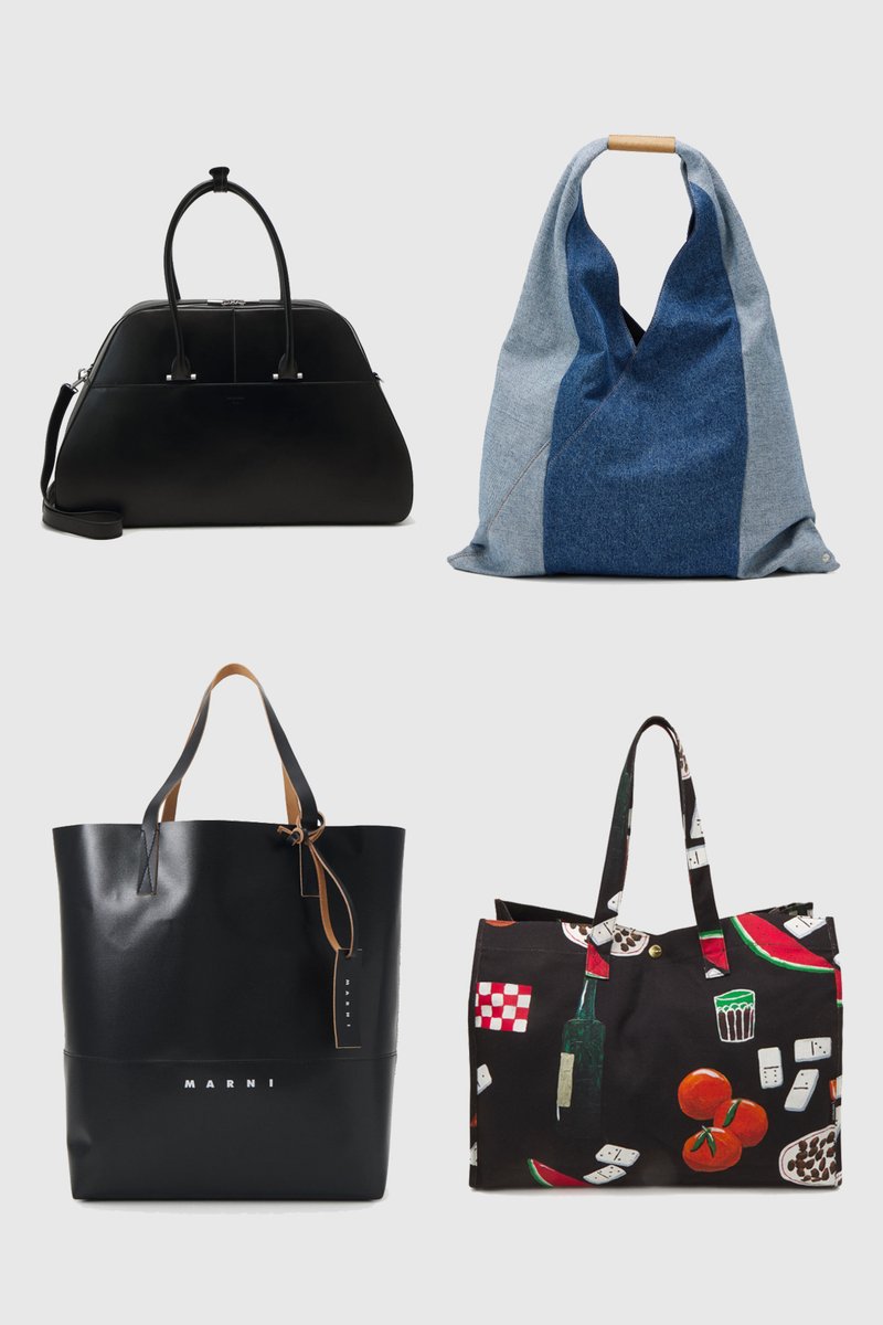 Four bags are displayed: a black leather handbag, a denim tote, a large black tote with a logo, and a patterned bag featuring fruits and drinks.
