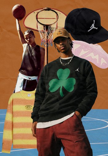 Homme en sweat-shirt Clover et casquette debout près d'un panier de basket, femme tenant un ballon de basket levé, pull rayé, casquette et semelle de chaussure affichés.