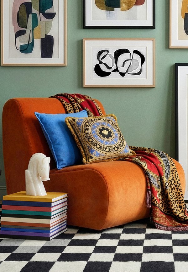 Oranger Sessel mit blauen und verzierten Kissen, ein gemusterter Überwurf, abstrakte gerahmte Kunst an grüner Wand, weiße Pferdekopf-Skulptur auf gestapelten Büchern.