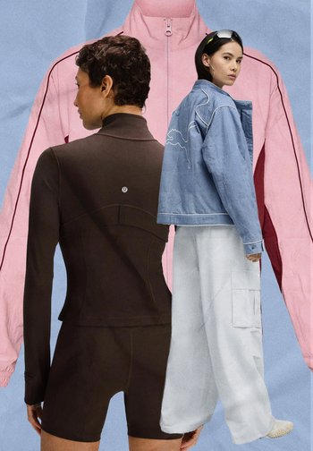 Drie outfits: een bruin langarmshirt, een lichtblauwe spijkerjasje en een roze zip-up jasje, weergegeven tegen een zachte blauwe achtergrond.