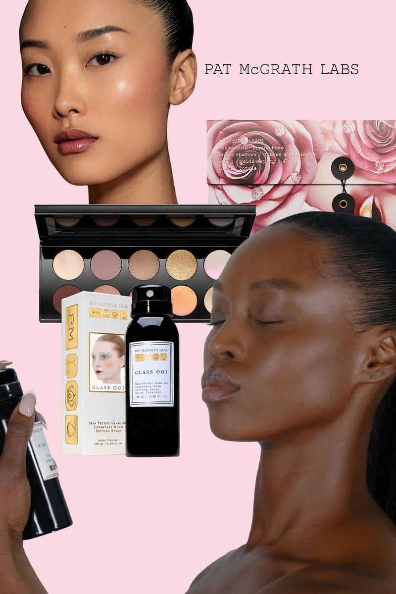 Pat McGrath Labs makeupprodukter: sort øjenskyggepalette, hvid og gylden serumflaske, model med brun hud, blød lyserød baggrund.