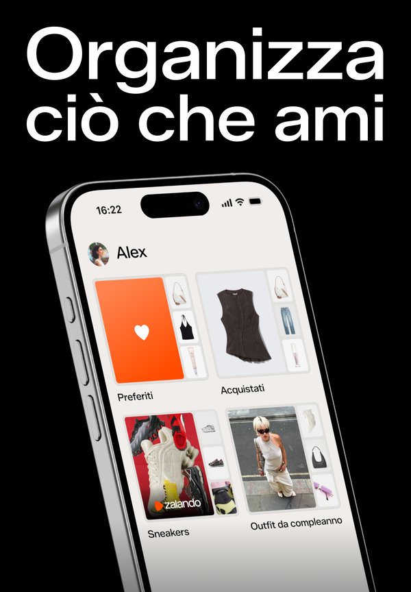 Lo schermo dello smartphone mostra un'app di moda con sezioni per i preferiti, gli articoli acquistati, le sneaker e la pianificazione dell'outfit per il compleanno.