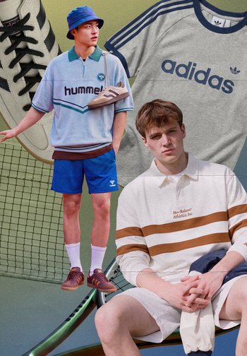 Two young men wearing casual sportswear with branded logos, standing and sitting against a background of large shoes and a tennis net.