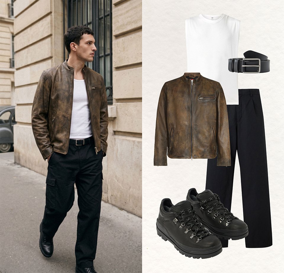 Homme portant un pull crème, pantalon noir, ceinture noire, baskets marron. À côté de lui, des vêtements assortis : pull, pantalon, ceinture, chaîne en argent, sac fourre-tout, baskets.