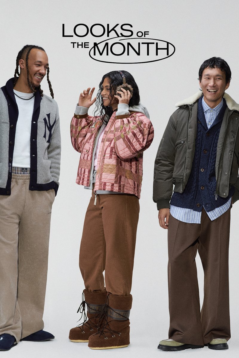 Drie lachende mensen in winterkleding, waaronder een vest, een gewatteerd jack en een jas met schapenvachtvoering, met bovenaan de tekst "Looks of the Month".