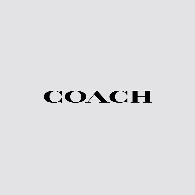 Testo in carattere serif nero "COACH" centrato su sfondo grigio chiaro, rappresentante un logo del marchio.