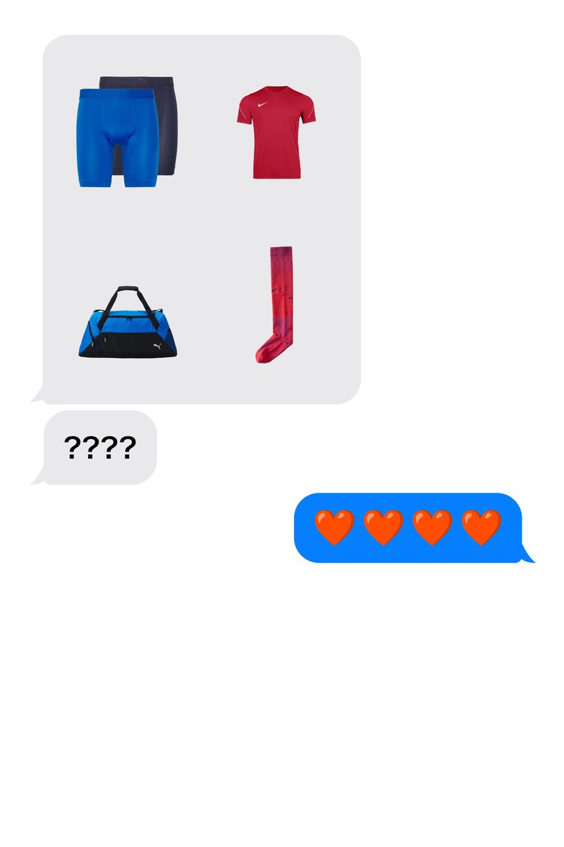 Blue and black sports shorts, red Nike shirt, blue and black Puma sports bag, and red sports sock in a messaging app conversation.