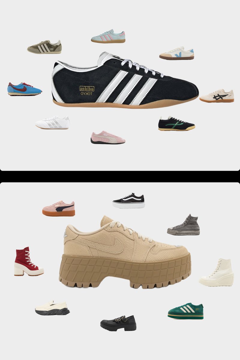 Een grote zwarte en beige sneaker staat centraal, omringd door verschillende andere schoenenstijlen, waaronder kleurrijke sportschoenen en laarzen, op een lichte achtergrond.