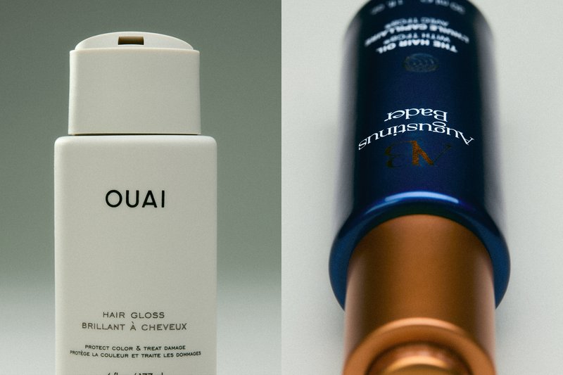 Hvid flaske med Ouai Hair Gloss og close-up af en blå og kobberfarvet Au3 Aegustus bader spraysflaske.