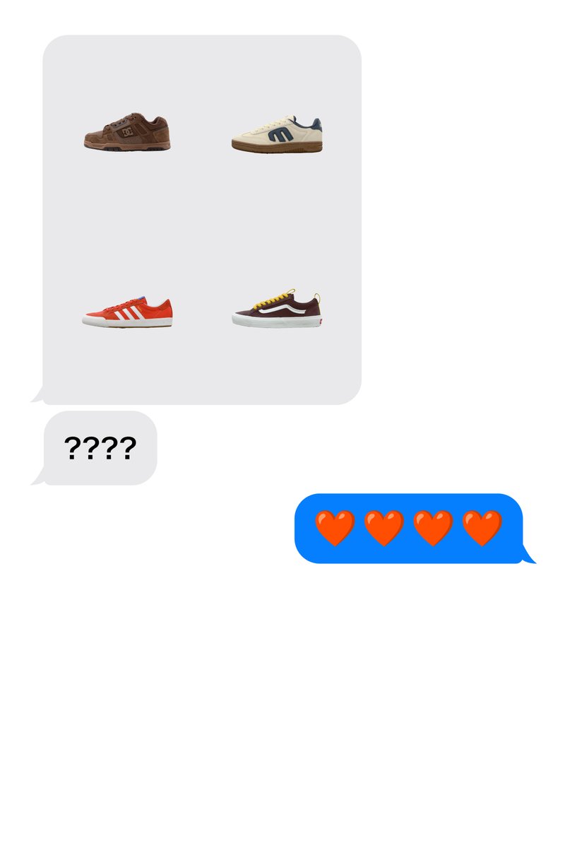 Fyra olika sneakers visas ovanför en pratbubbla med frågetecken och en annan med fyra röda hjärta emojis.