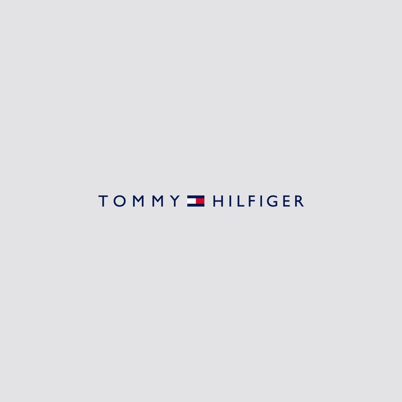 Het Tommy Hilfiger-logo bevat vetgedrukte navy typografie met een rood-wit rechthoekig accent, geplaatst tegen een lichtgrijze achtergrond.