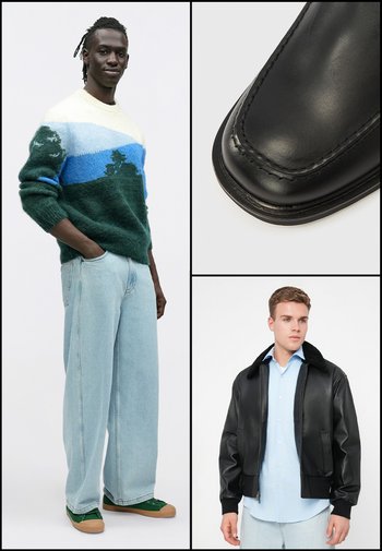 Pulover tricotat cu model verde și albastru, cămașă albastru deschis, jachetă bomber din piele neagră, blugi deschiși și adidași verzi cu tălpi maro.