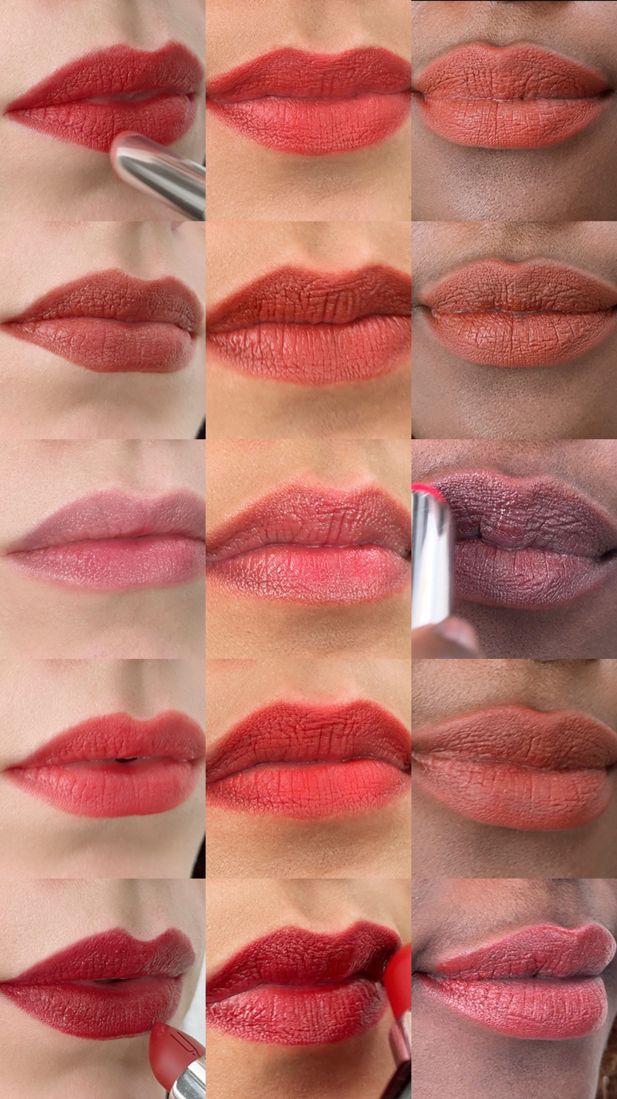 Varie viste ravvicinate delle labbra che mostrano diverse tonalità di rossetto, mettendo in evidenza diverse tonalità e texture della pelle con l'applicazione del trucco.